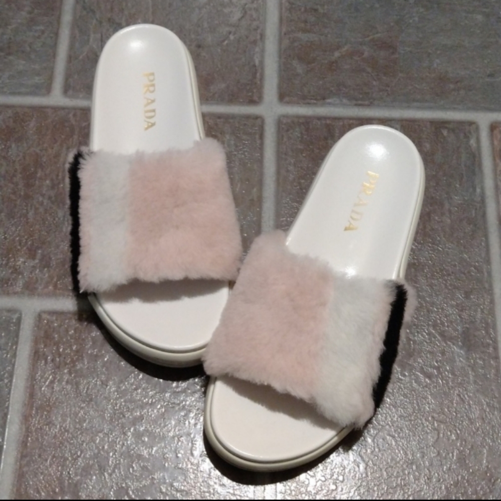 Prada Pink Shearling platform Sandals slides size 35